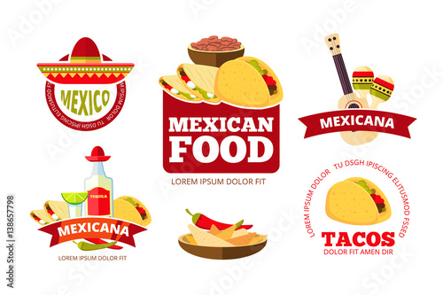 Vintage mexican restaurant graphics, tacos, burrito, salsa and nachos vector badges, labels, logos and emblems.