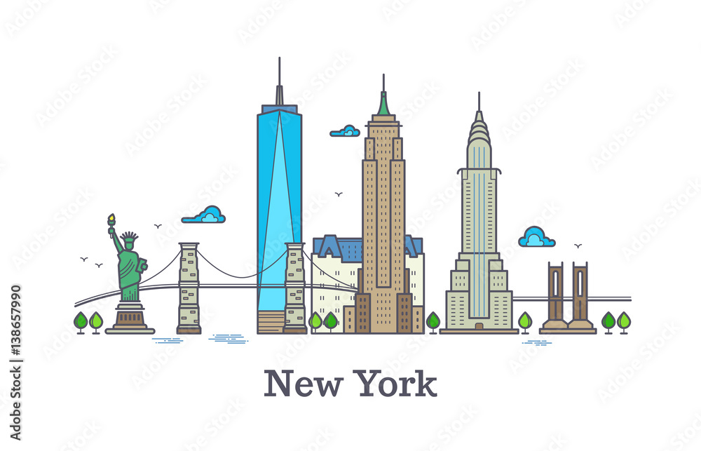New york line vector symbol, nyc silhouette outline panorama, america skyline vector illustration