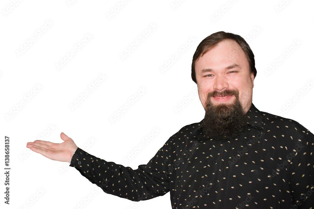 Portrait of a young man with a beard and a finger up on white background Portrait of a young man with a beard and a finger up on white background