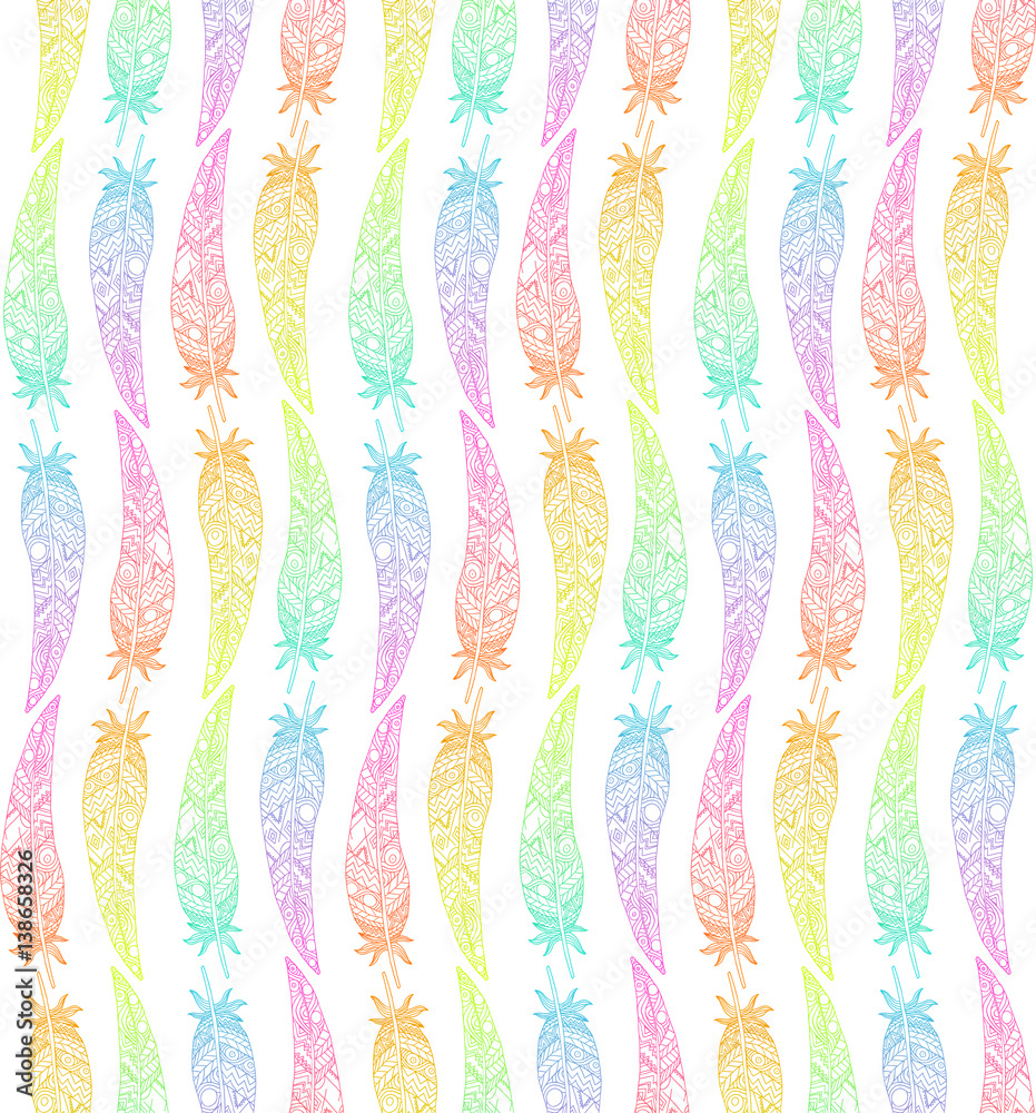 Seamless pattern made of boho feathers on white background