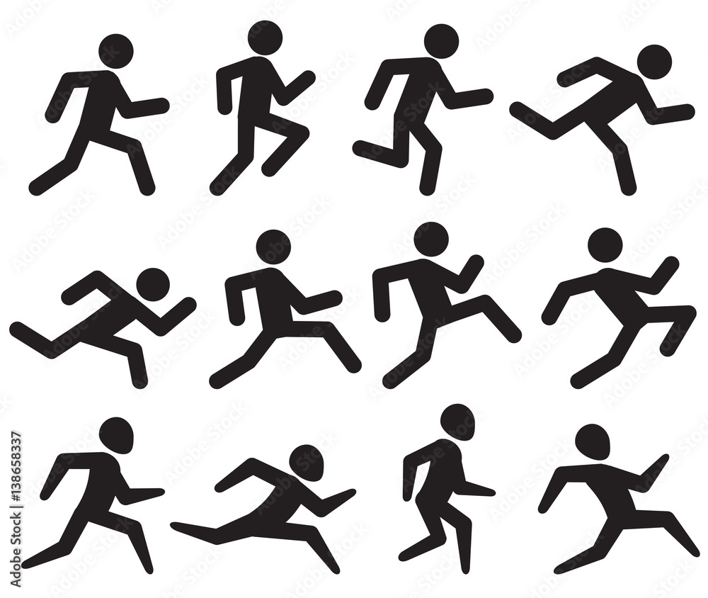 Man running figure black pictograms, jogging activity vector icons isolated on white