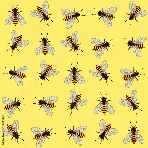 Seamless pattern. Vector illustration of bee on yellow background