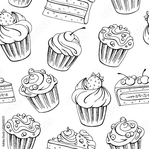Muffin dessert graphic black white sketch seamless pattern illustration vector