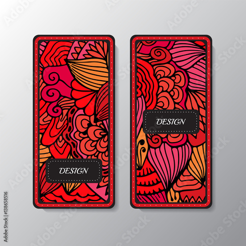 Stock vector set of cartoon hand draw corporate identity vertical banner with leaf and flower. background. template for card