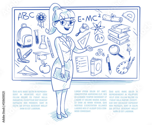Doodle teacher teaching students on the lesson. school education vector concept with hand drawn science icons