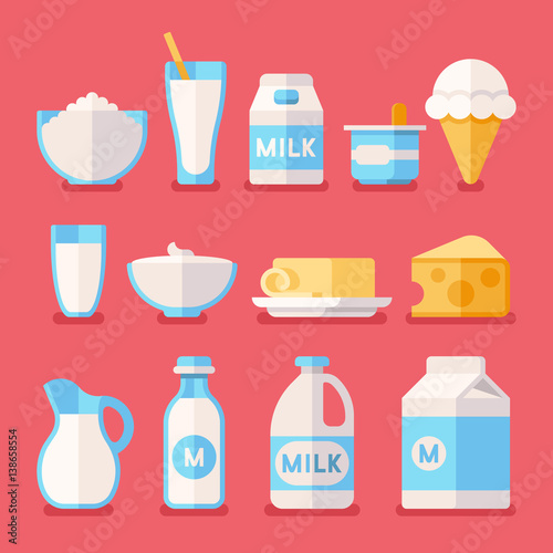 Dairy, milk, yogurt, cream, cheese products flat vector icons set