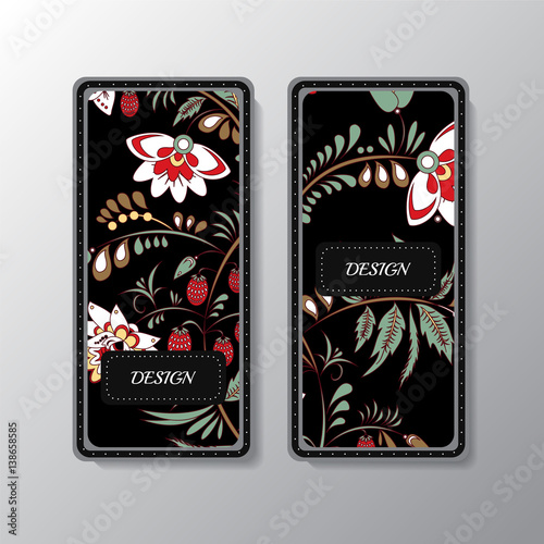 Stock vector set of cartoon hand draw corporate identity vertical banner with leaf and flower. background. template for card. russia style