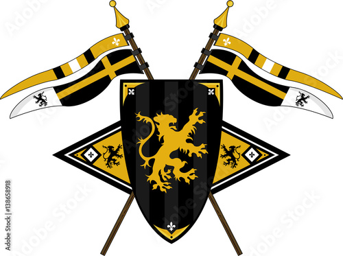 Medieval Heraldic Lion Shield with Flags