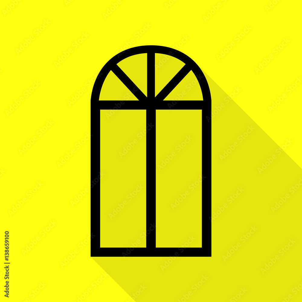 Window simple sign. Black icon with flat style shadow path on yellow background. Window simple sign. Black icon with flat style shadow path on yellow background.