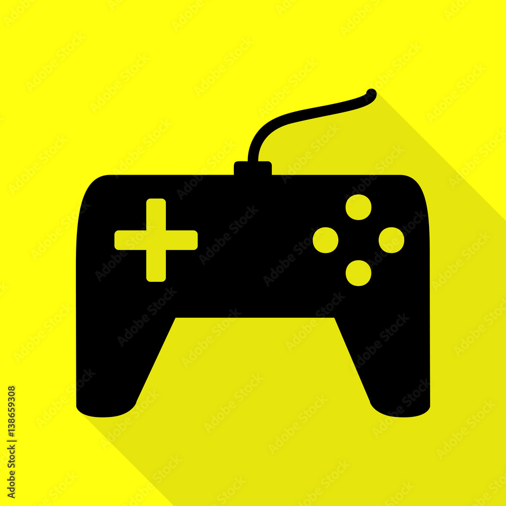 Joystick simple sign. Black icon with flat style shadow path on yellow background. Joystick simple sign. Black icon with flat style shadow path on yellow background.