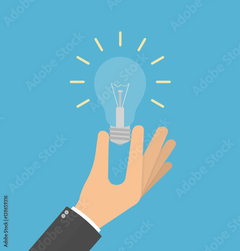 Hand holding lightbulb. Idea concept. Vector illustration in flat style