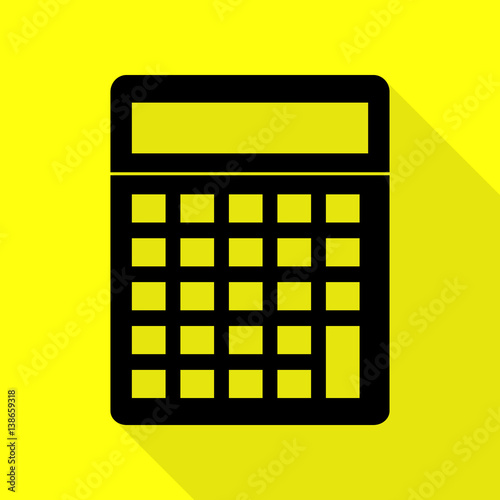 Calculator simple sign. Black icon with flat style shadow path on yellow background.