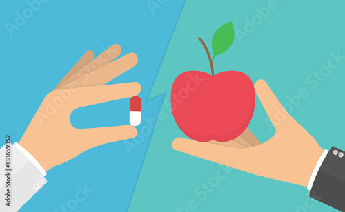 Healthy vs unhealthy lifestyle concept. Hand holding medical pill and another hand holding a red apple. Vector illustration in flat style