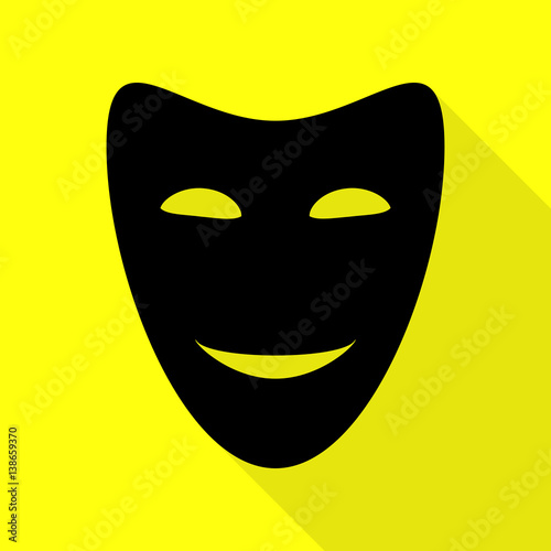 Comedy theatrical masks. Black icon with flat style shadow path on yellow background.