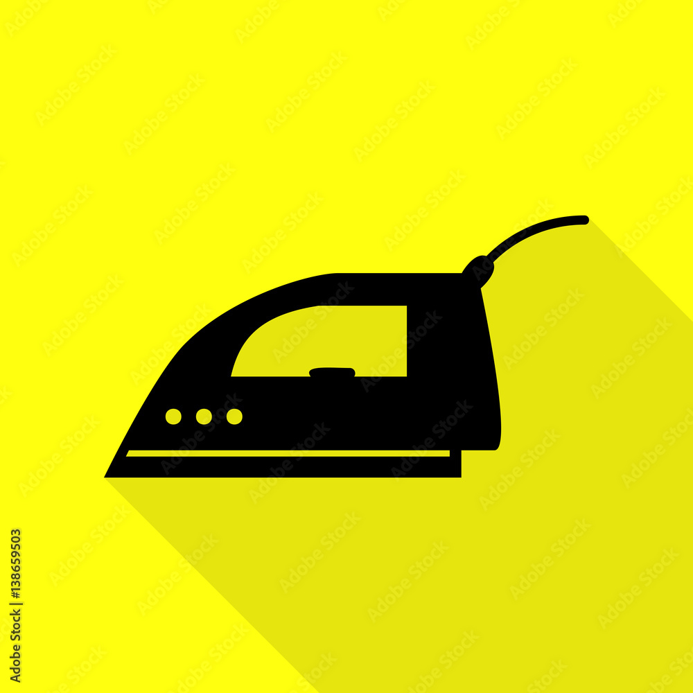 Smoothing Iron sign. Black icon with flat style shadow path on yellow background. Smoothing Iron sign. Black icon with flat style shadow path on yellow background.