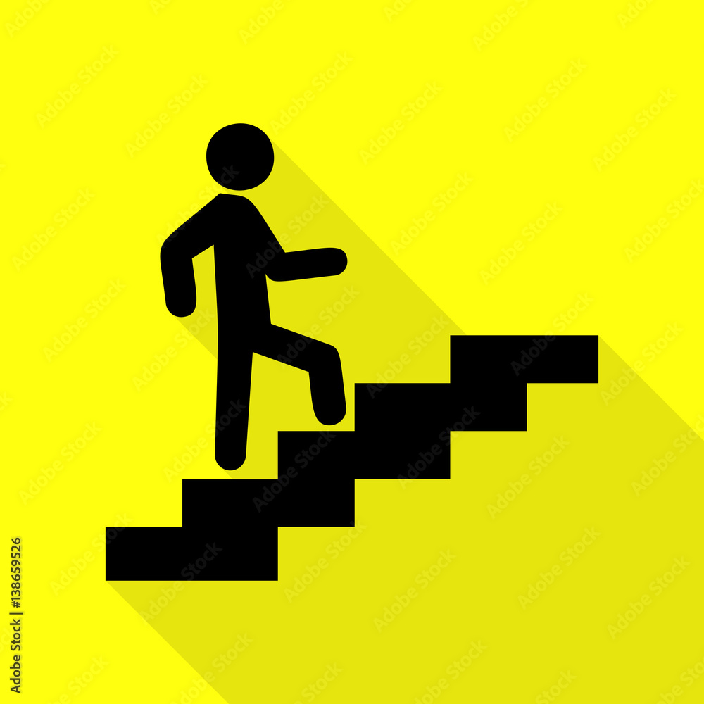 Man on Stairs going up. Black icon with flat style shadow path on yellow background. Man on Stairs going up. Black icon with flat style shadow path on yellow background.