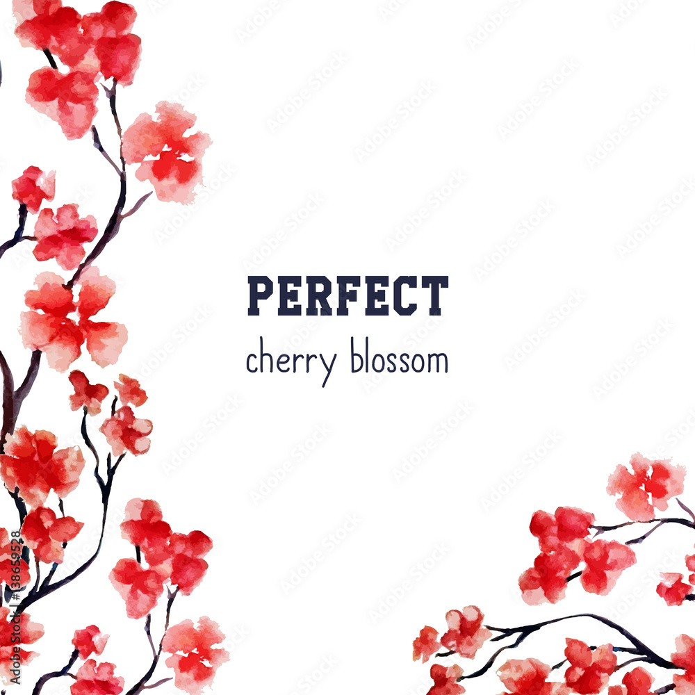 Realistic sakura blossom - Japanese red cherry tree isolated on white background. Vector watercolor painting. Clipping mask. You can move elements. Wedding crad template.