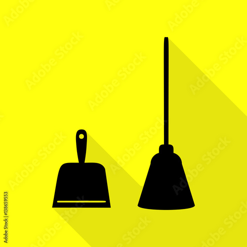 Dustpan vector sign. Scoop for cleaning garbage housework dustpan equipment. Black icon with flat style shadow path on yellow background.