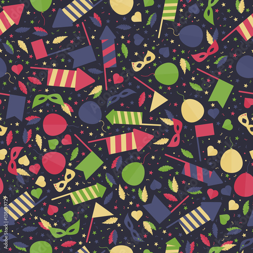 Happy Carnival Festive Seamless Pattern with Mask Firework Rocket Stars and Confetti