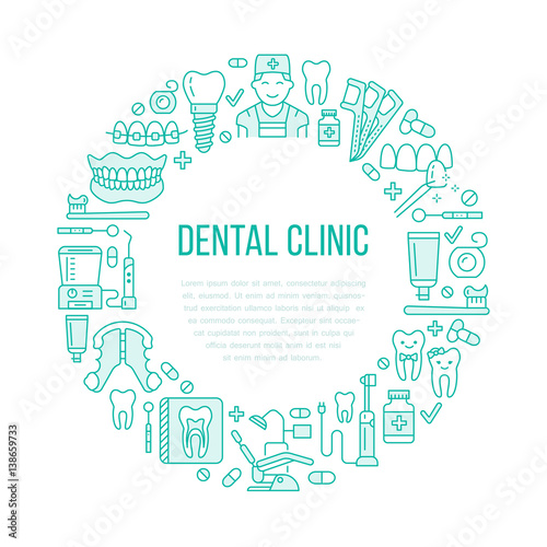 Dentist, orthodontics medical banner with vector line icon of dental care equipment, braces, tooth prosthesis, veneers, floss, caries treatment. Health care thin linear poster for dentistry clinic.