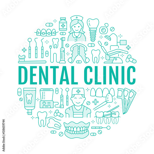Dentist, orthodontics medical banner with vector line icon of dental care equipment, braces, tooth prosthesis, veneers, floss, caries treatment. Health care thin linear poster for dentistry clinic.
