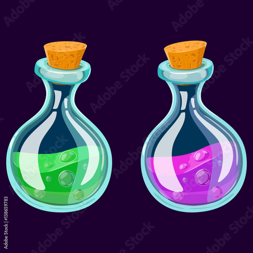 Set of Cartoon Potion Bottle. Glass flasks with colorful liquids isolated on a dark background. Game icon of magic elixir.Vector design for app user interface. For animation vector illustration