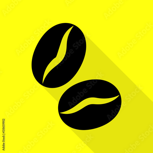 Coffee beans sign. Black icon with flat style shadow path on yellow background.