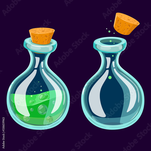 Set of Cartoon Potion Bottle. Glass flasks with colorful liquids isolated on a dark background. Game icon of magic elixir.Vector design for app user interface. For animation vector illustration