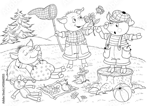 Three little pigs. Fairy tale. Illustration for children. Coloring page