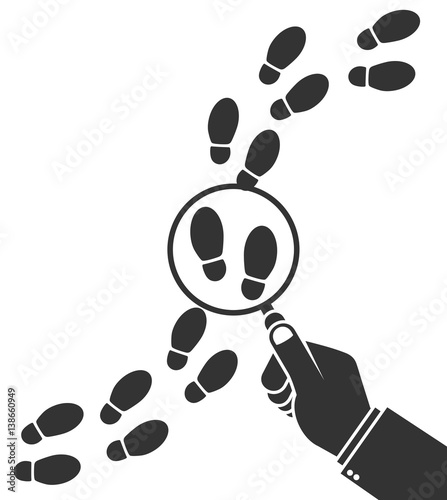 Detective inspecting or following footsteps concept. Hand holding magnifying glass over footprint symbol. Flat style