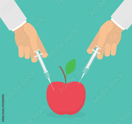 Genetically modified fruits concept. Hands sticking hypodermic needles in a red apple. Vector illustration in flat style
