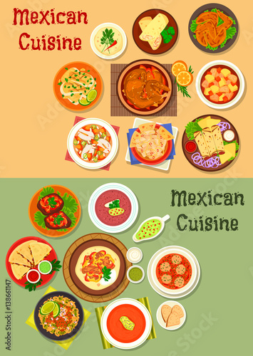 Mexican cuisine dinner dish icon of meat, cheese tortilla, chicken burrito, vegetable beef stew, chilli tomato, salsa bean, meatball, chicken, fish soups, beef steak, fried cod and chicken wings