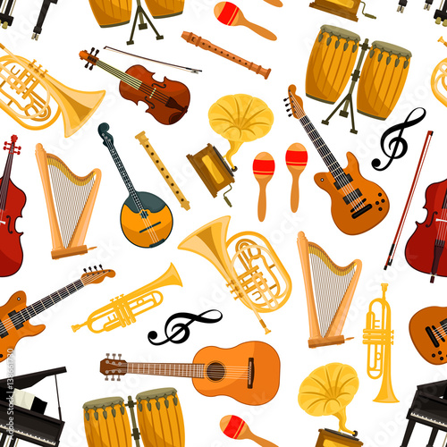 Musical instruments vector seamless pattern of orchestra harp  contrabass and piano  maracas  saxophone and gramophone  cymbals on ethnic jembe drums  jazz trumpet  acoustic guitar and violin