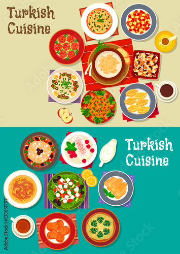 Turkish cuisine icon with meat soups, meatballs, vegetarian salads with feta, carrot ball, bulgur pilaf, nut baklava, fried cake, cereal dessert with bean, sweet chicken pudding with coffee