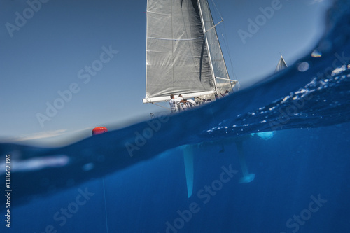 Underwater view with rudder and keel of sailing boat photo