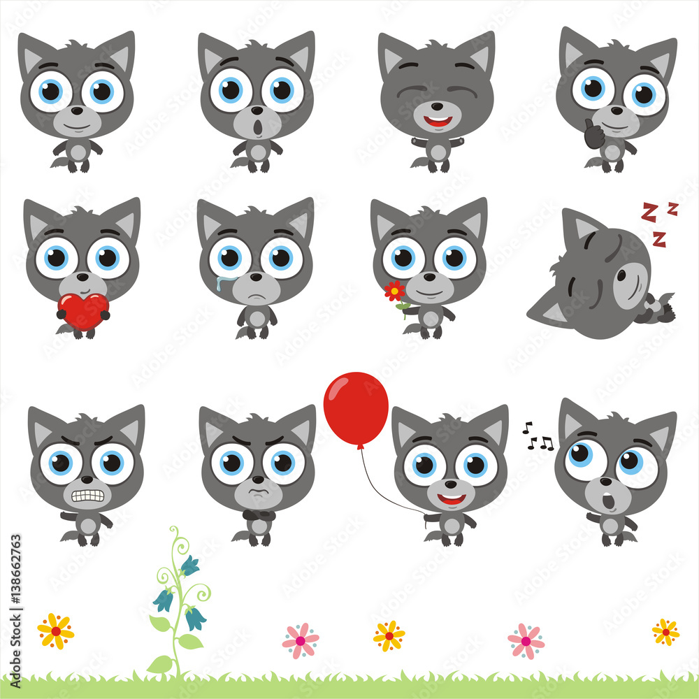 Big set cute little wolf. Collection isolated cartoon wolf in different poses. Big set cute little wolf. Collection isolated cartoon wolf in different poses.