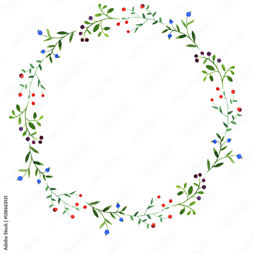 round frame with watercolor doodle plants
