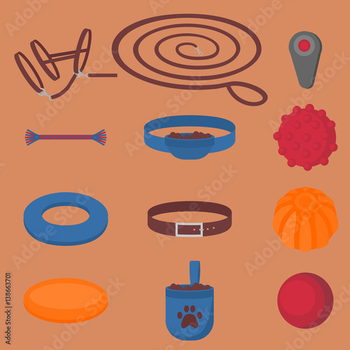 Dog walking elements. Flat isolated set, pet walk items. Doggy training icons collar, leash and headstall. Play objects ball, liker, puller and frisbee, treat and cord