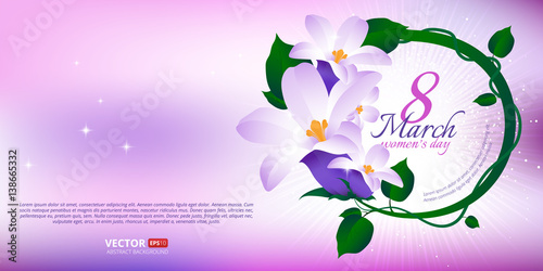 Greeting card with 8 March. Happy international women's day. Vector frame with spring flowers.