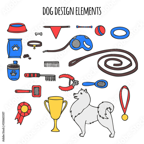 Doodle isolated set of dog items elements. Pet icons walking, feeding, grooming salon equipment.