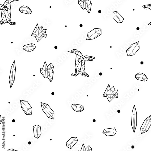 Seamless black and white kids tribal vector pattern with penguins and low-poly crystals.