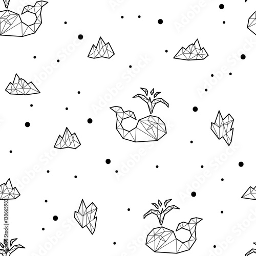 Seamless black and white kids tribal vector pattern with whales and ice floes.