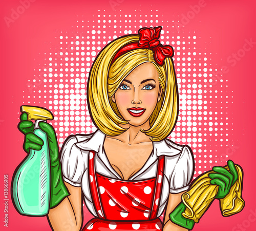 Vector pop art poster advertising a cleaning service with a housewife in the foreground