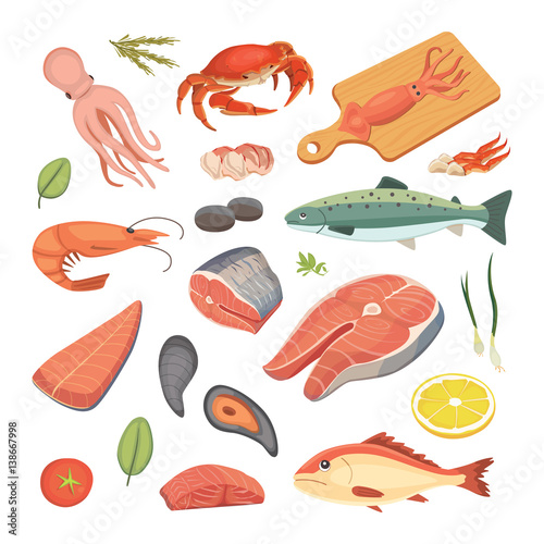 Vector Seafood illustrations set flat fresh fish and crab. Lobster and oyster, shrimp and menu, octopus animal, shellfish lemon