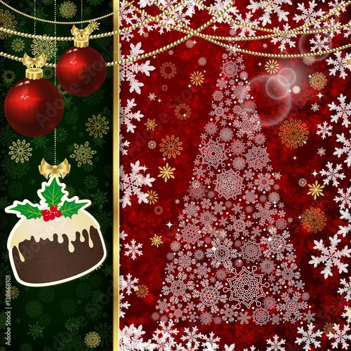 Christmas background with Christmas balls, decor elements and snowflakes.