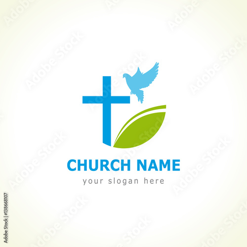 Christian church vector logo. Blue crucifix, flying dove, green leaves. Religious educational sign, symbol of growing.