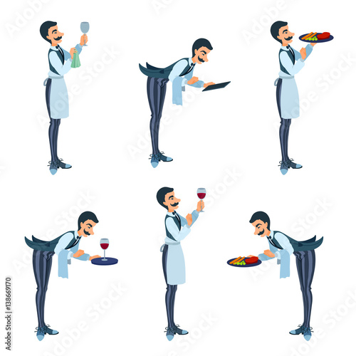 Elegant butler bows, waiter delivers food, plate, wine, menu, wipes a glass. Cartoon isolated vector illustration set.