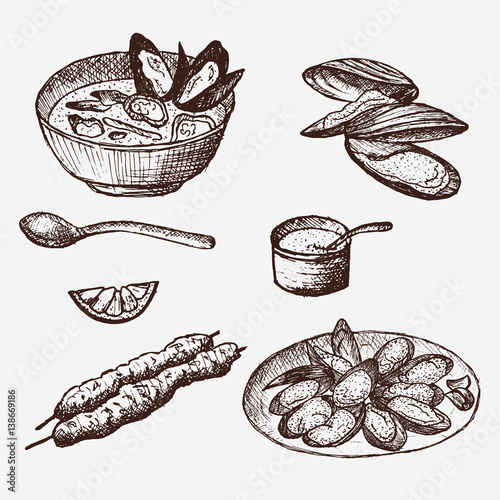 Vector vintage mussel set drawing. Hand-drawn mussel. Vector Illustration.