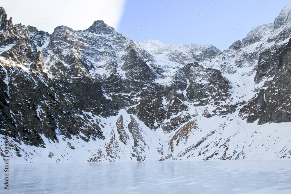 Panorama of frozen lake surrounded by mountains.