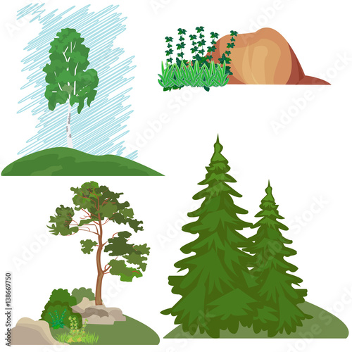 Landscapes with trees  grass  stone. Forest landscape  set of elements for illustrations